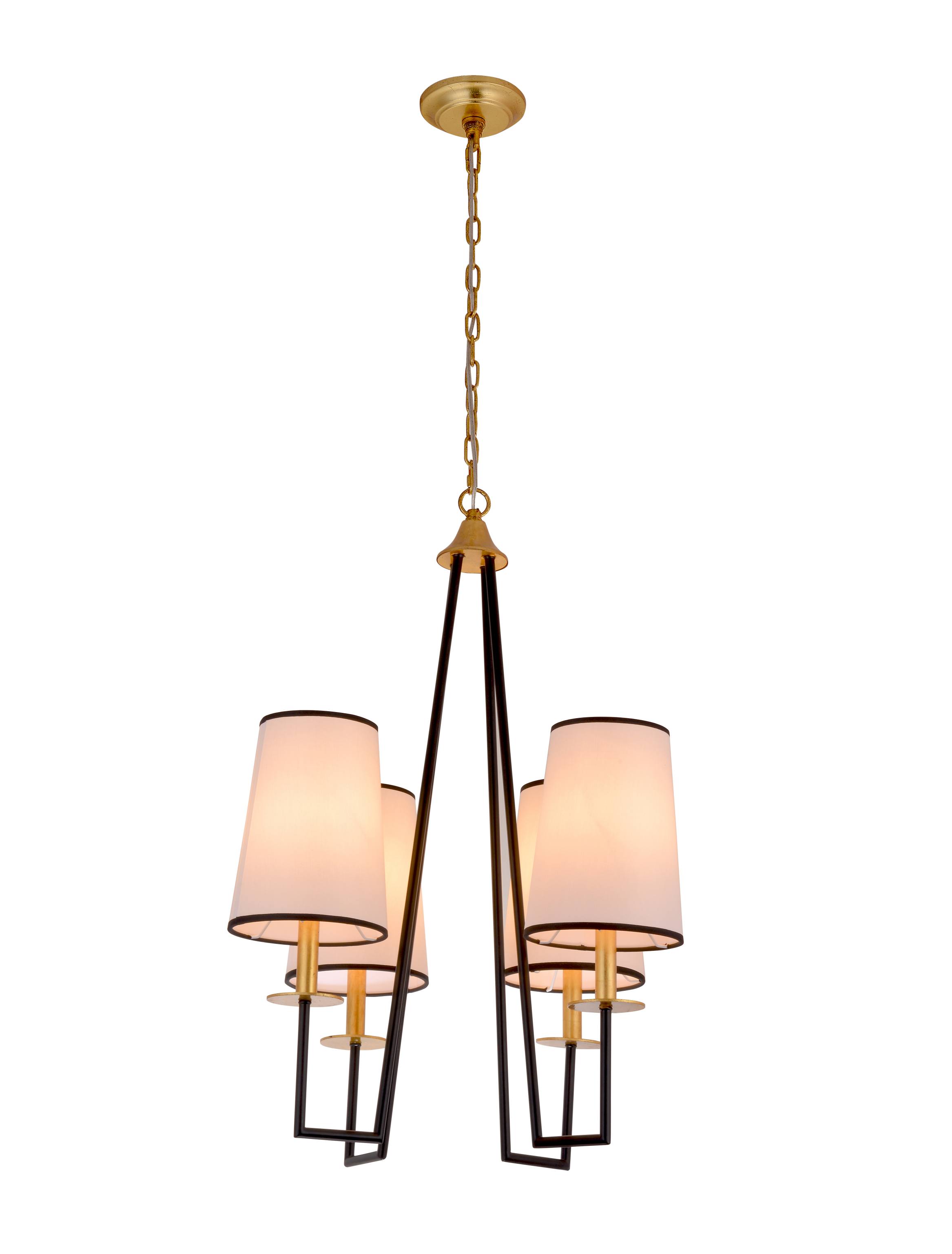 Candelabru geometric cu abajur din material textil cu 4 lumini, negru, aur